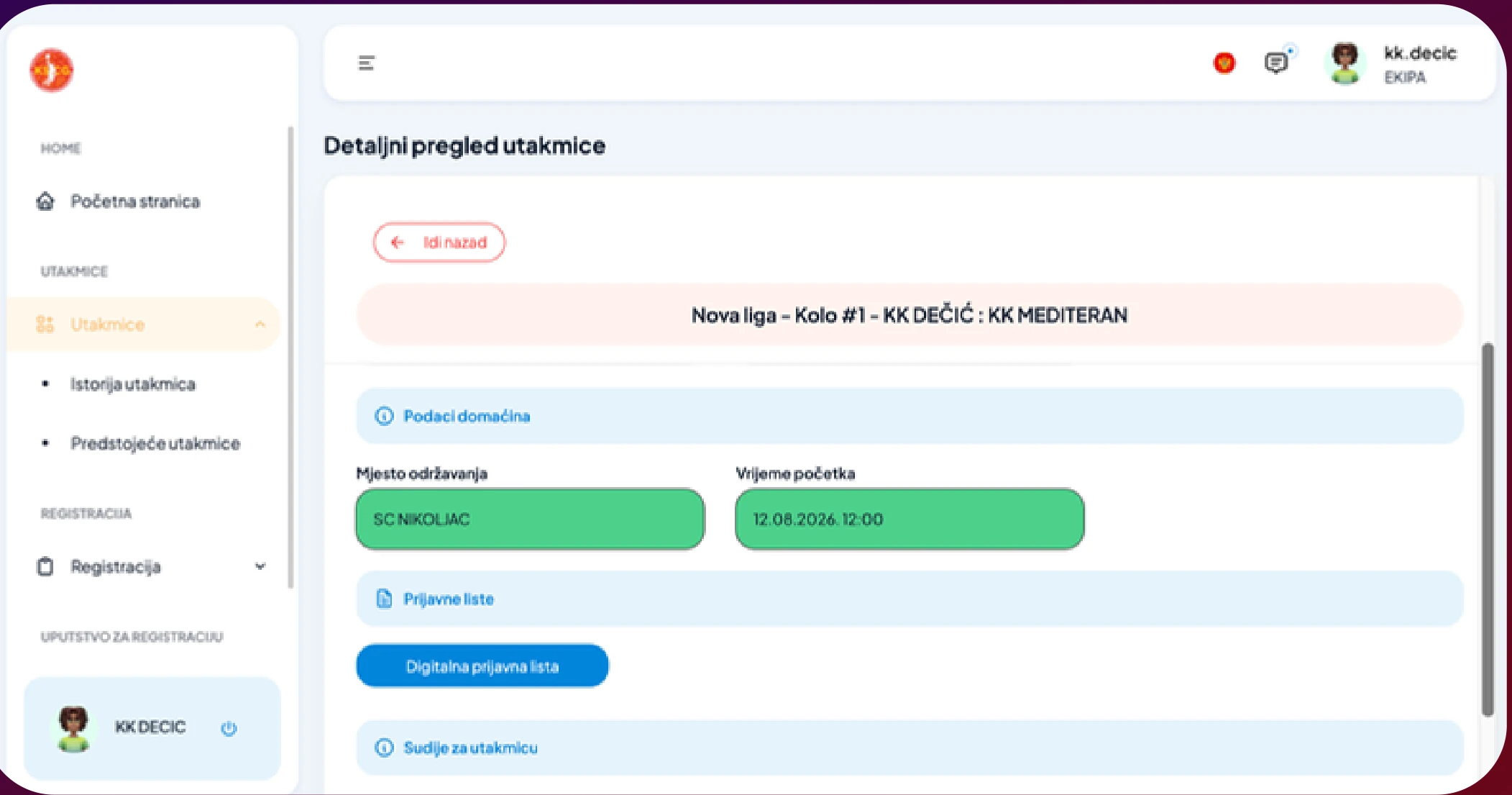 E-KSCG — detaljni pregled utakmice sa mjestom, vremenom, prijavnim listama i sudijama