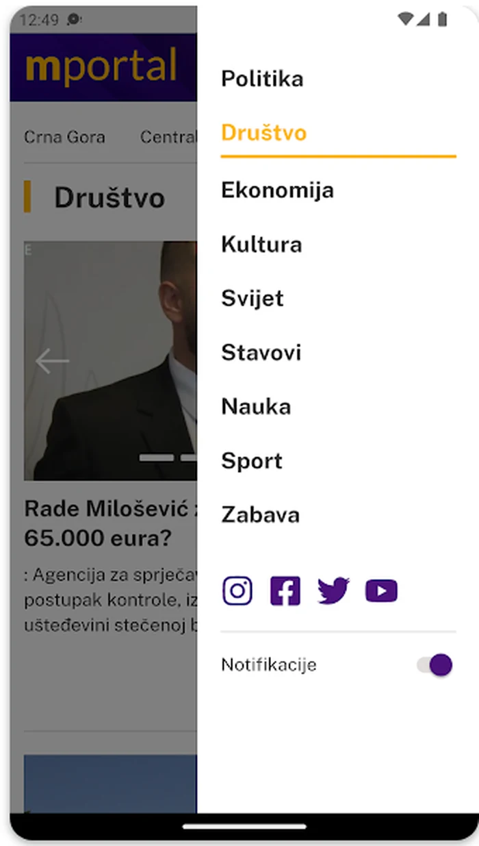 M portal Android aplikacija — kategorije i podešavanje notifikacija