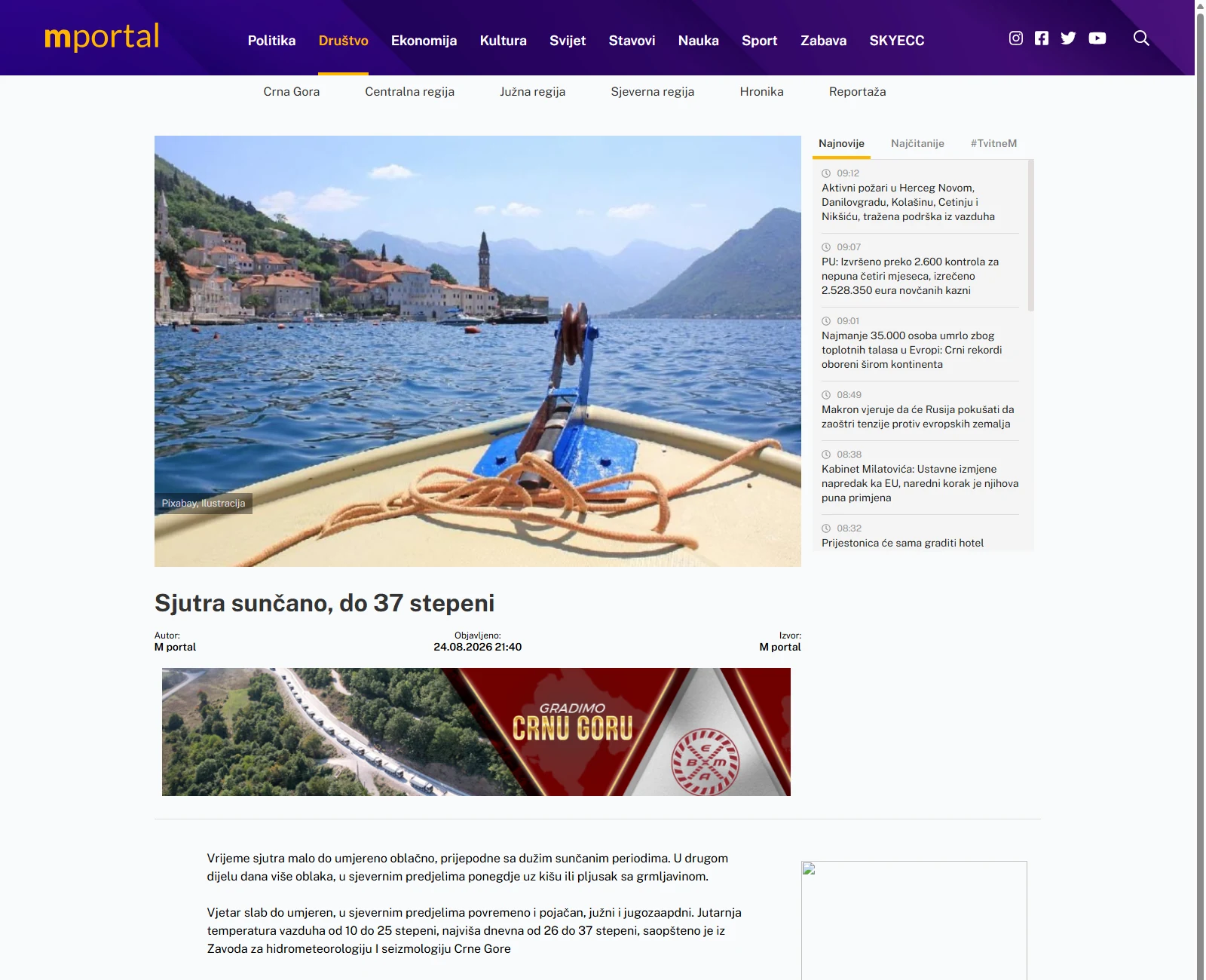 M portal — pojedinačna vijest sa oglasnim prostorom i sidebarom