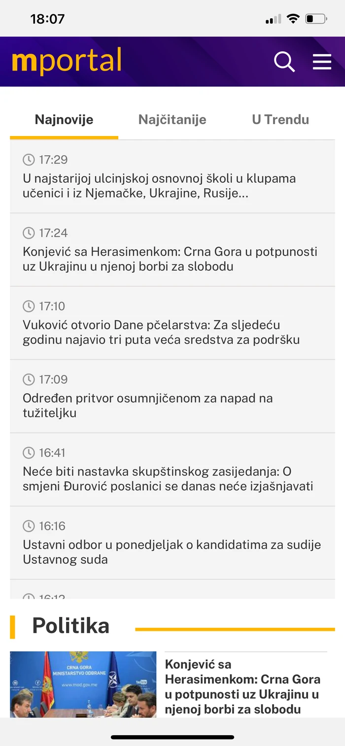 M portal iOS aplikacija — lista vijesti