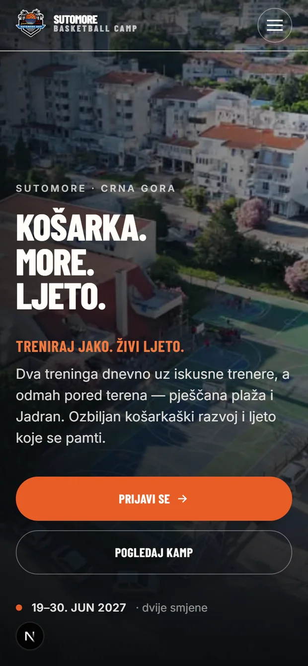 Sutomore Basketball Camp — mobilni prikaz početne stranice