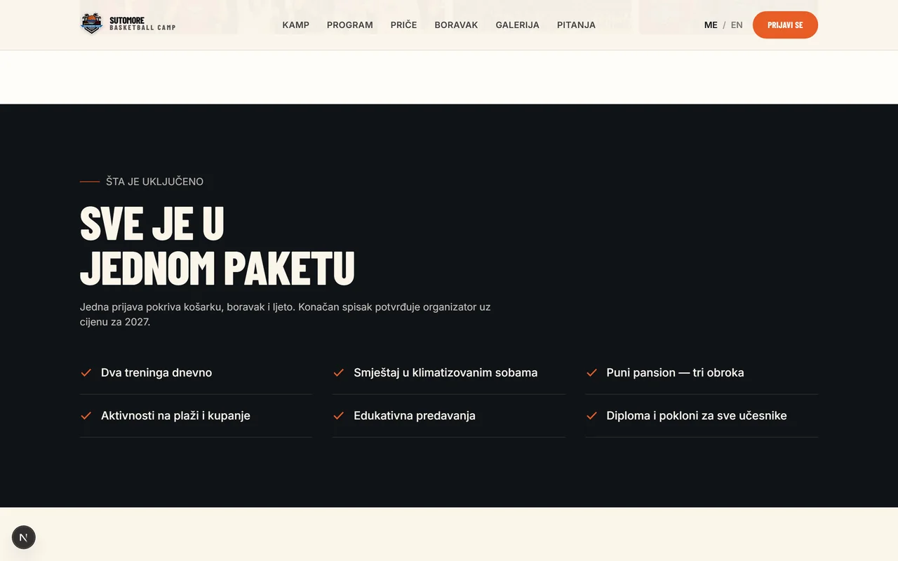 Sutomore Basketball Camp — sekcija „Šta je uključeno“, pregled paketa