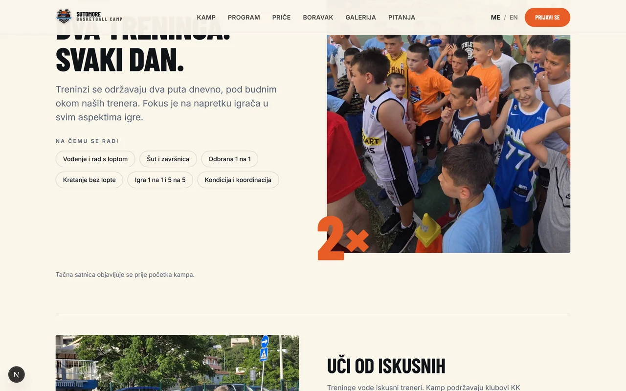 Sutomore Basketball Camp — sekcija „Dva treninga. Svaki dan.“ sa detaljnim programom treninga