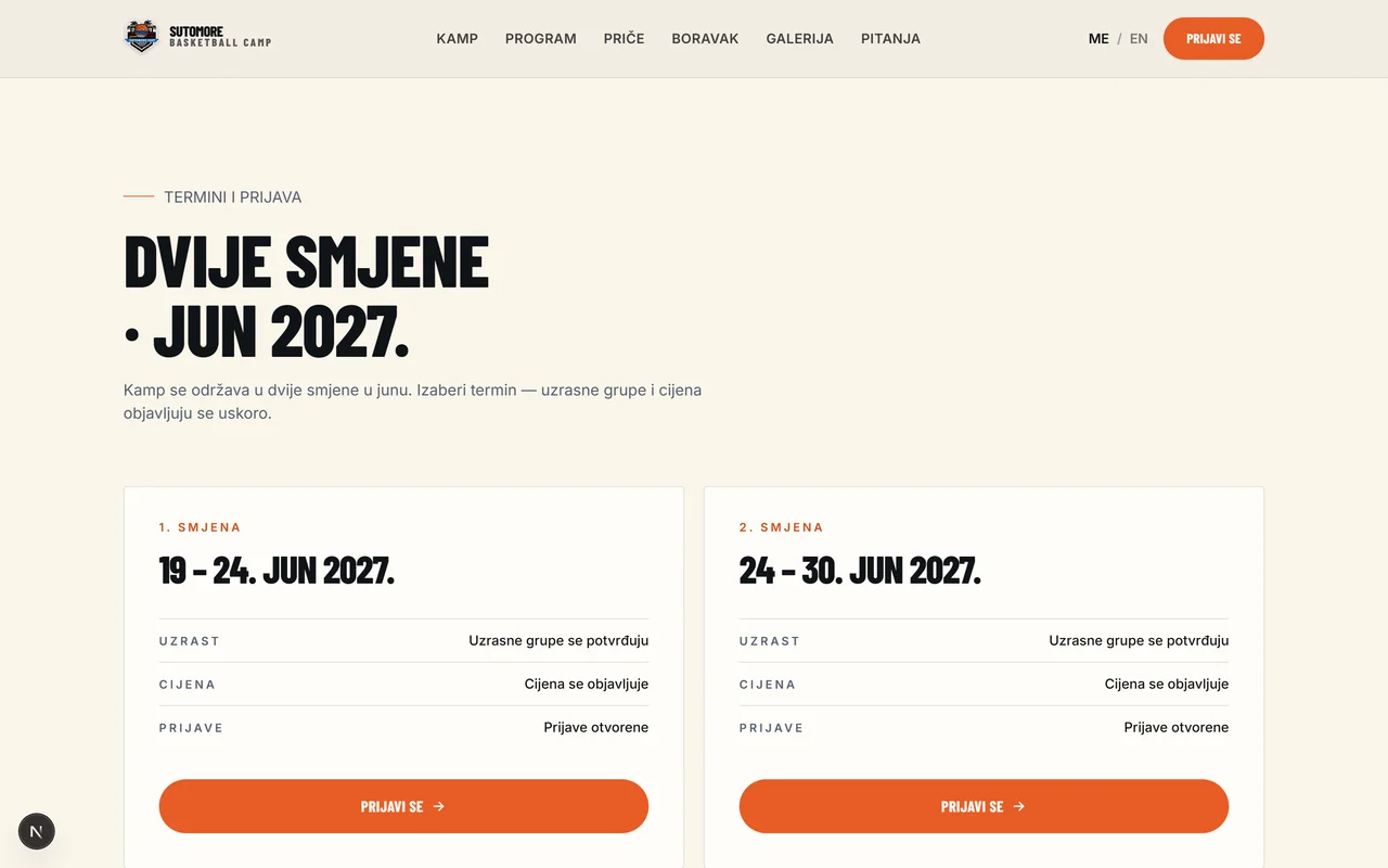 Sutomore Basketball Camp — sekcija „Dvije smjene · jun 2027“ sa terminima i prijavom