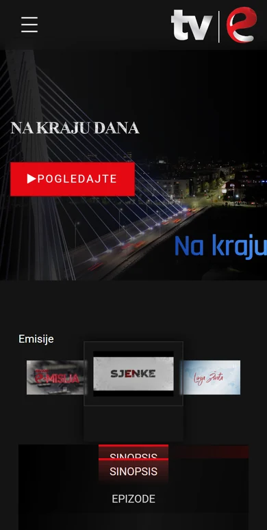 TV E — mobilni prikaz početne stranice