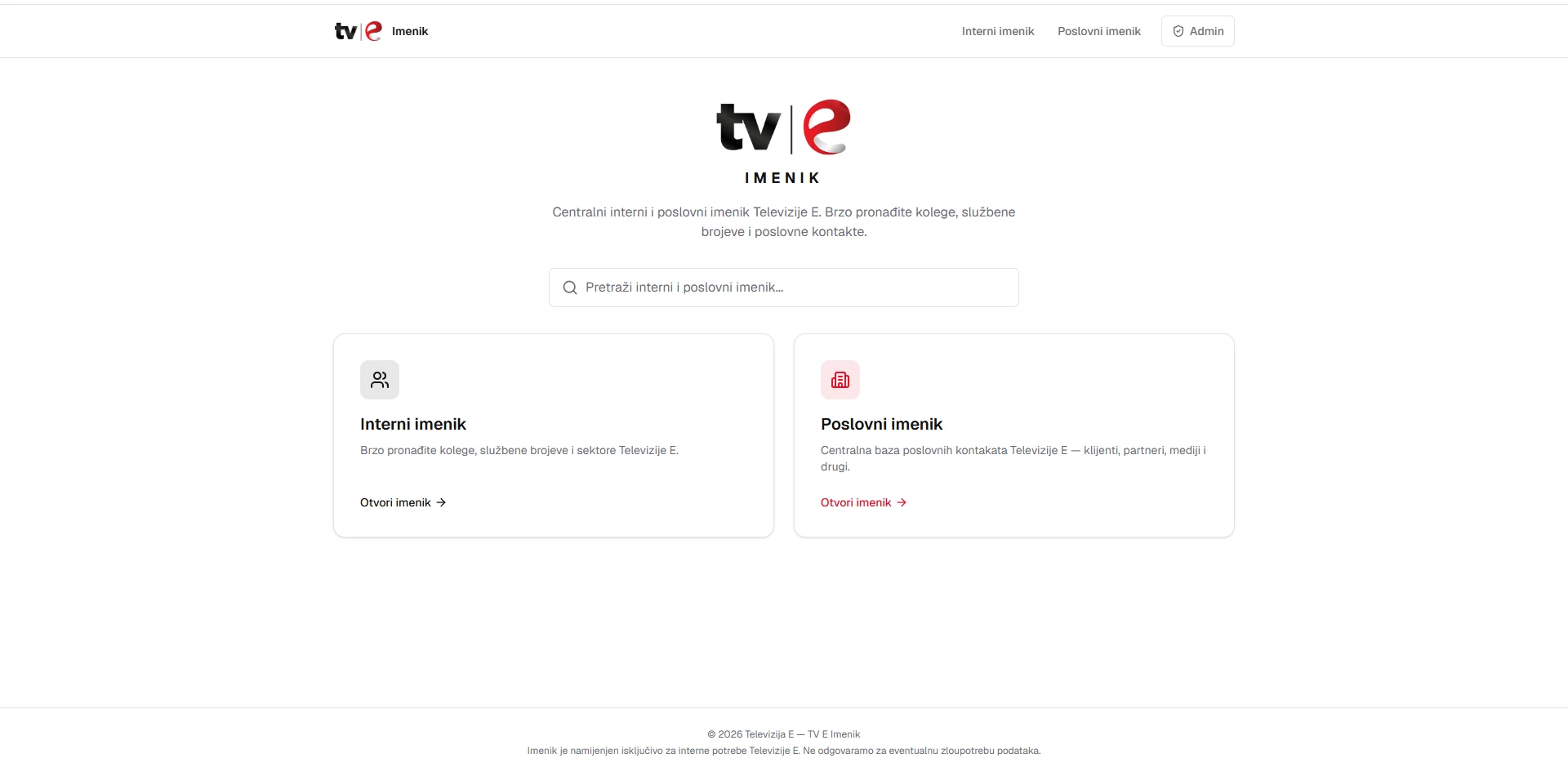 TV E Interni poslovni sistem — početna stranica imenika