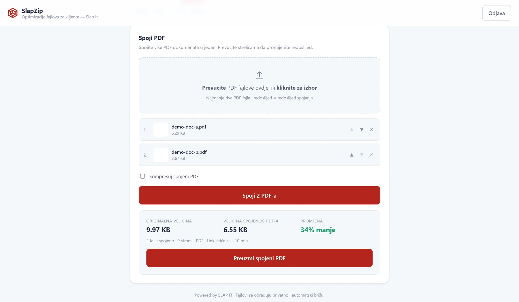 SlapZip — spajanje dva PDF fajla u jedan, 34% manje od zbira originala