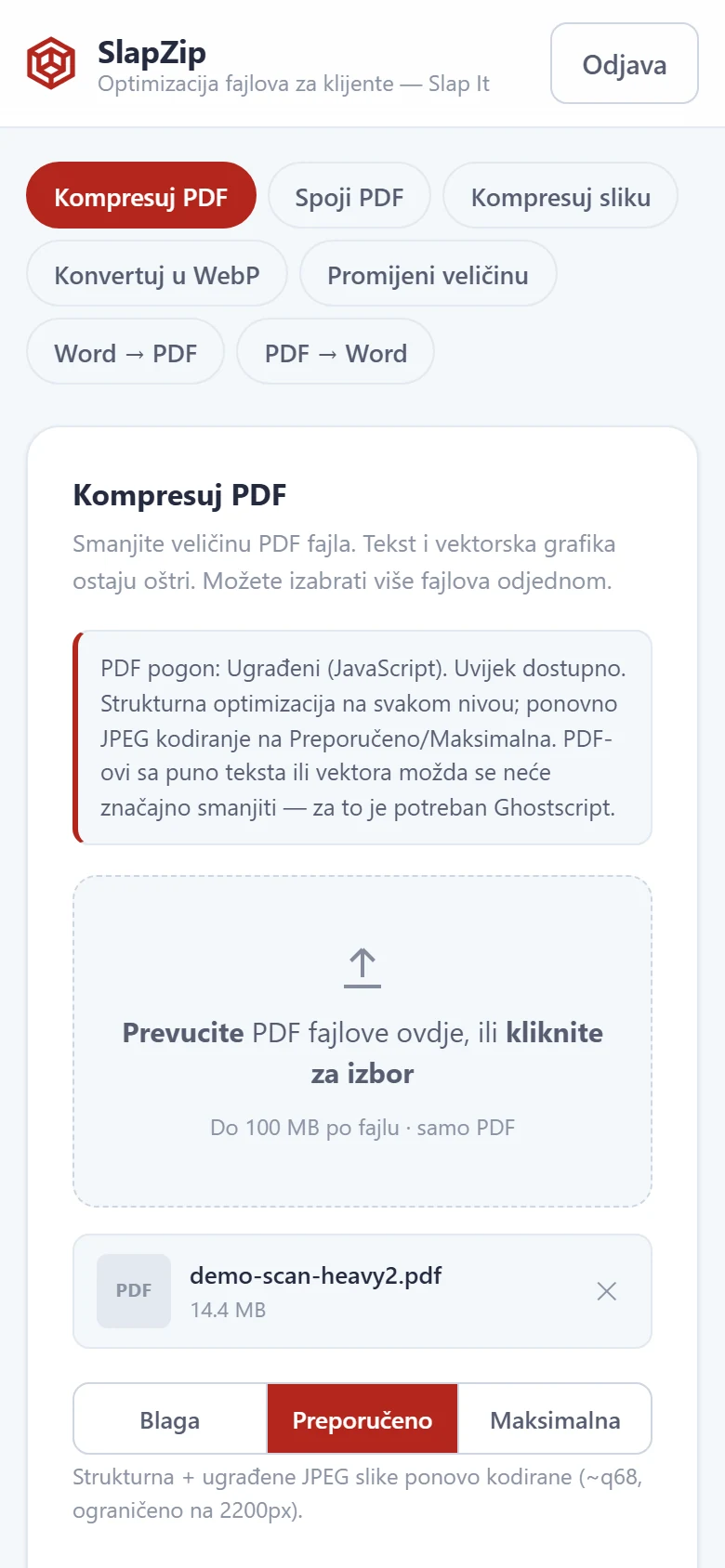 SlapZip — otpremanje fajla na mobilnom telefonu