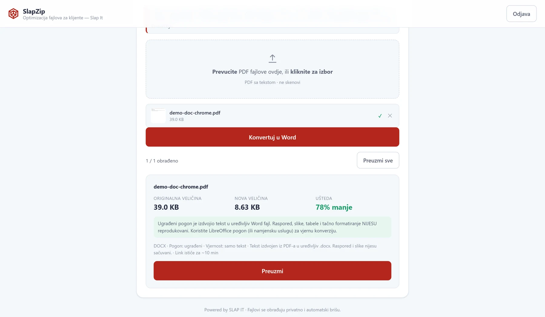 SlapZip — PDF dokument konvertovan u uređiv Word fajl, 78% manje