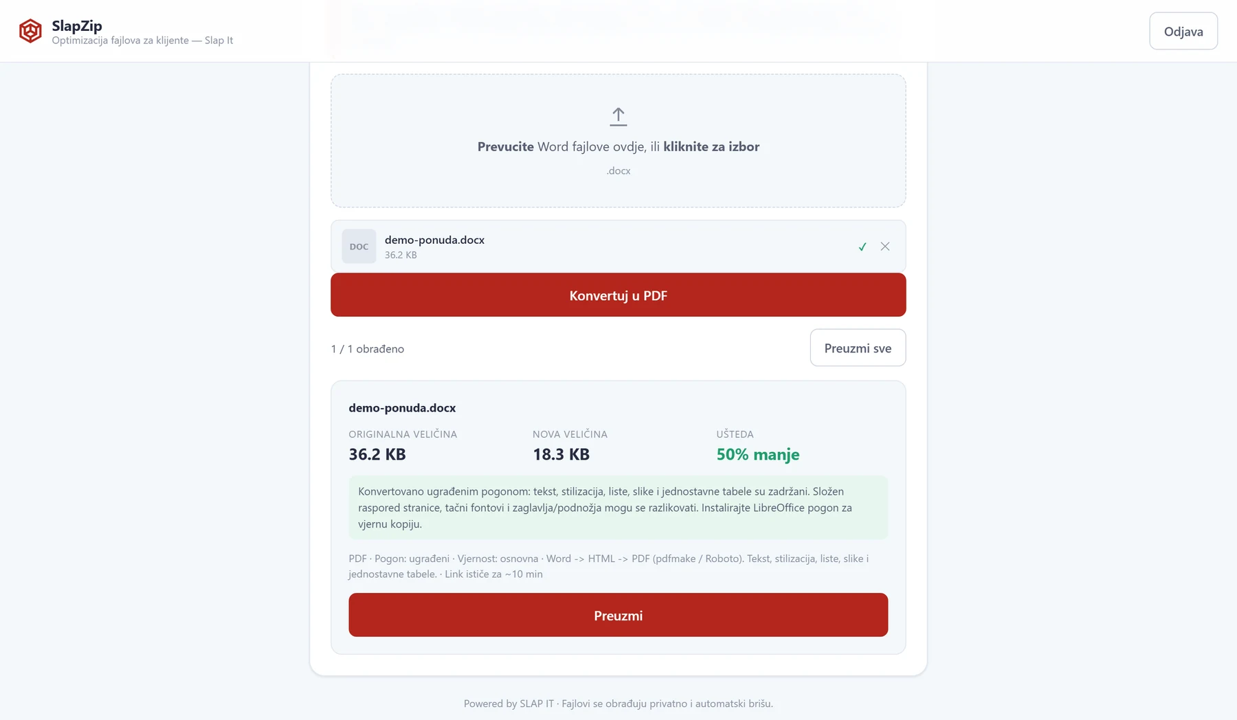 SlapZip — Word dokument konvertovan u PDF, 50% manje