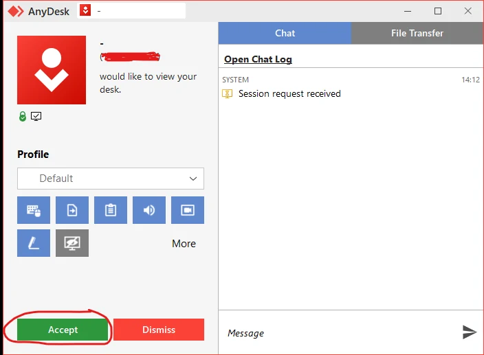 AnyDesk — dolazni zahtjev za povezivanje sa dugmetom Accept