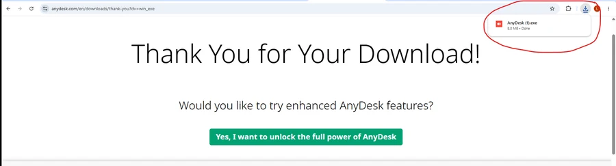 Browser — preuzet fajl AnyDesk.exe spreman za otvaranje