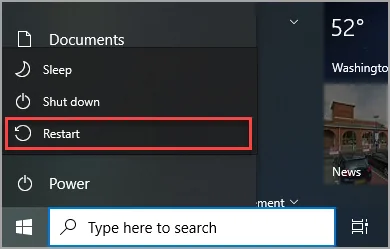 Meni dugmeta napajanja sa označenom opcijom Restart
