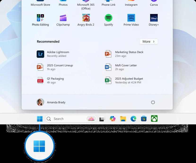 Windows 11 — Start dugme na taskbaru i otvoren Start meni